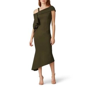 ELLIATT Platform Asymmetrical Olive Green One Shoulder Ruffle Midi Dress Size M